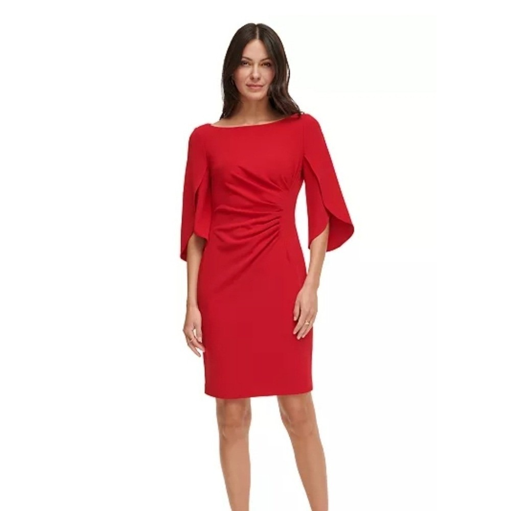 DKNY Sheath Dress Women Size 6 Red Ruched Split Sleeve Career Cocktail Party